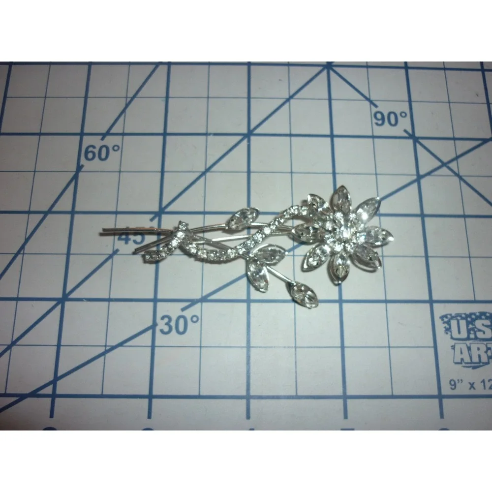 Vintage Clear Rhinestone Flower Spray Brooch Silver Tone Marquise Floral Pin